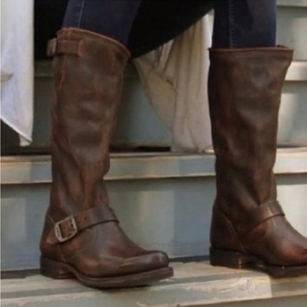 Frye Distressed Veronica Tall Brown Slouch Buckle Boots